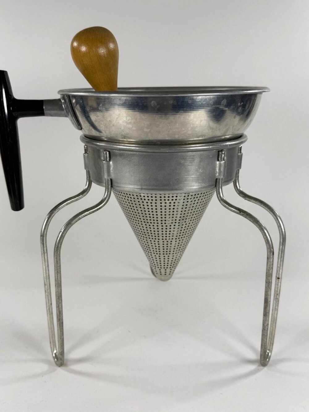 Vintage Wear-Ever #480 Aluminum Food Mill Strainer Stand & Wooden Pestle
